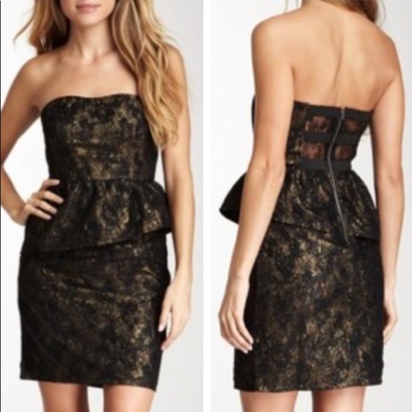 MM Couture Dresses & Skirts - MM Couture Strapless Gold Peplum Lace Dress